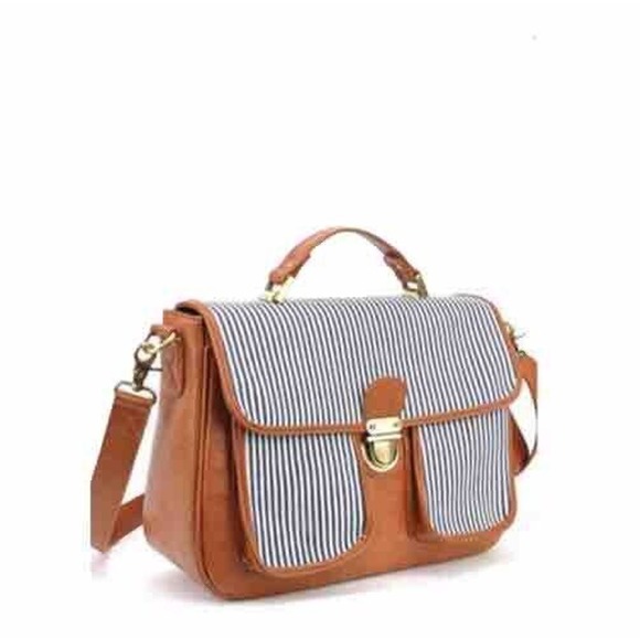 Johansen Camera Bag Tote Shoulder Strap Faux Leather Striped Canvas 10 X 15 NWOT